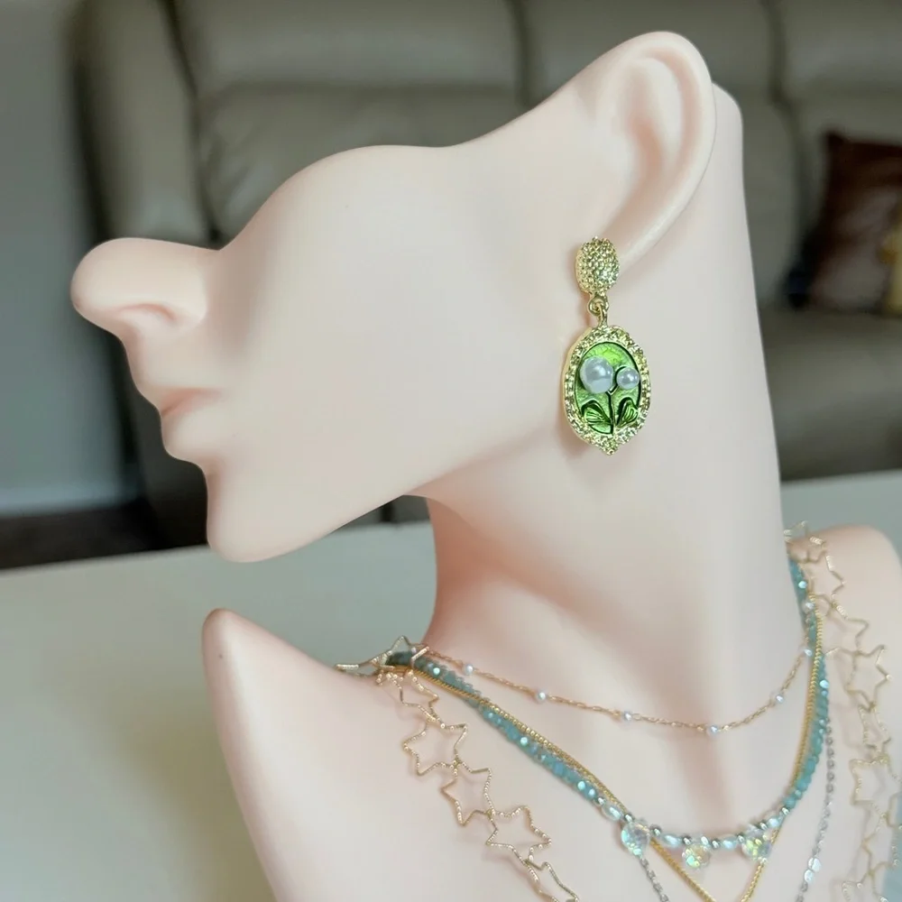 Gold-Tone Green Floral Pearl Drop Earrings